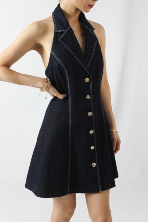 sleeveless dark denim halter dress