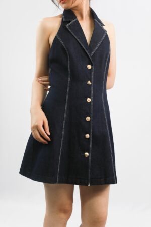 sleeveless dark denim halter dress