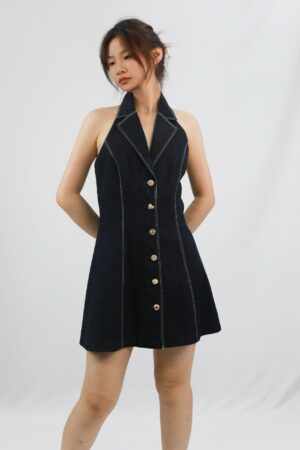 sleeveless dark denim halter dress