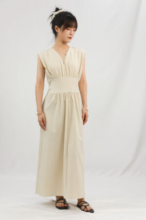 V-neck Waist Cinched Pleated Long Dress