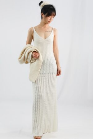 white v neck hollow knitted suspender dress