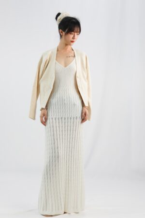 white v neck hollow knitted suspender dress