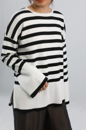 black and white striped long sleeved knitted sweater